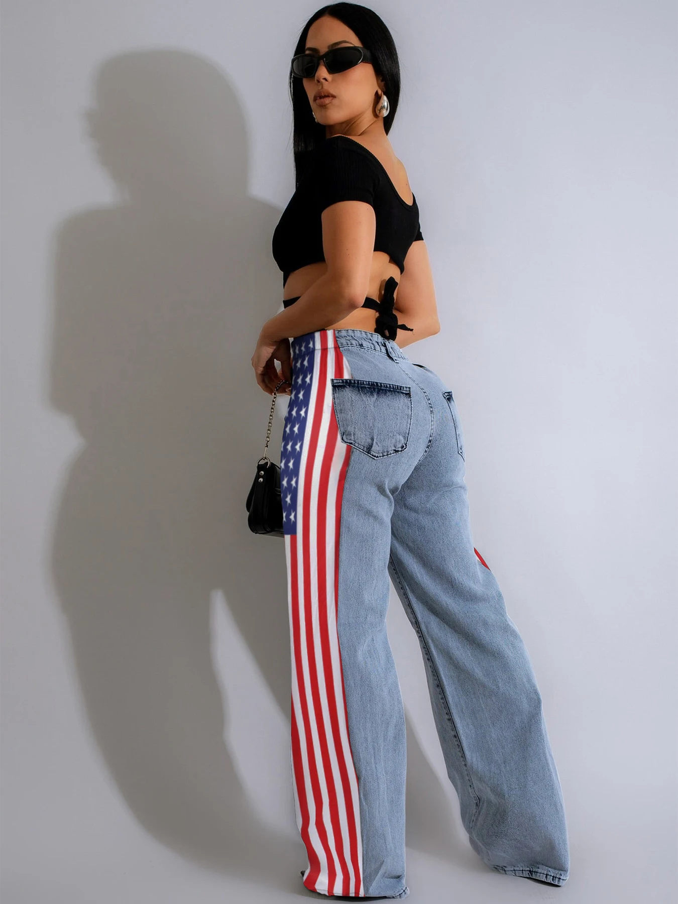 Fashionable American Flag Print Stretch Wide Leg Denim Trousers Women's Casual High Waist Straight-Leg Jeans