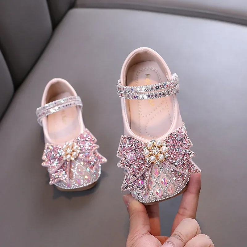 Spring Autumn Girl Princess Shoes Rhinestone Bowtie Kids Leather Shoe Fashion Causal Sequins Children Causal Wedding Flat Shoes