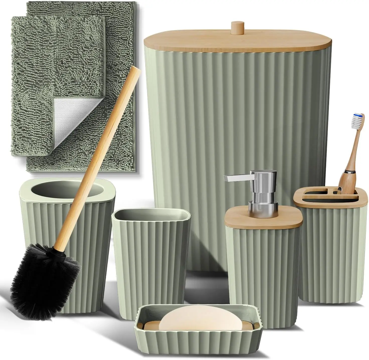 

Sage Green Bathroom Accessory Set, 6-Piece with Rugs, Toilet Brush, Trash Can & Soap Dispenser for Cozy Home Decor