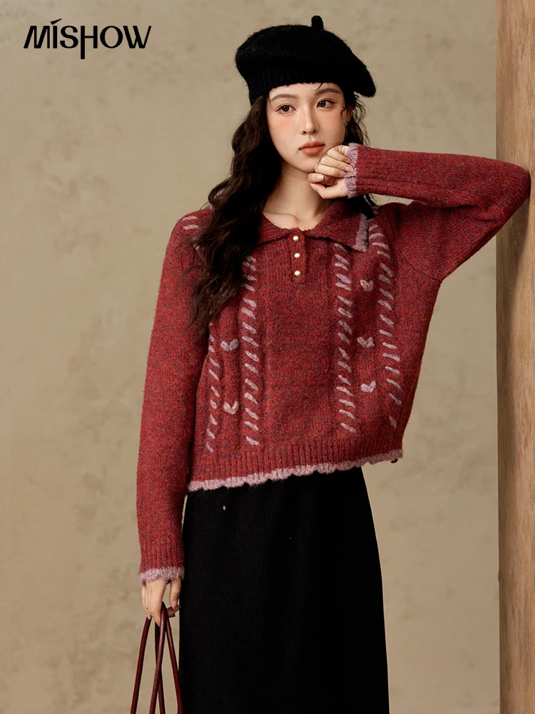 MISHOW Christmas Knitted Sweater Women Turn-Down Collar Pullover Contrast Color Heart Pattern Soft Warm Casual Tops MXD55Z0963