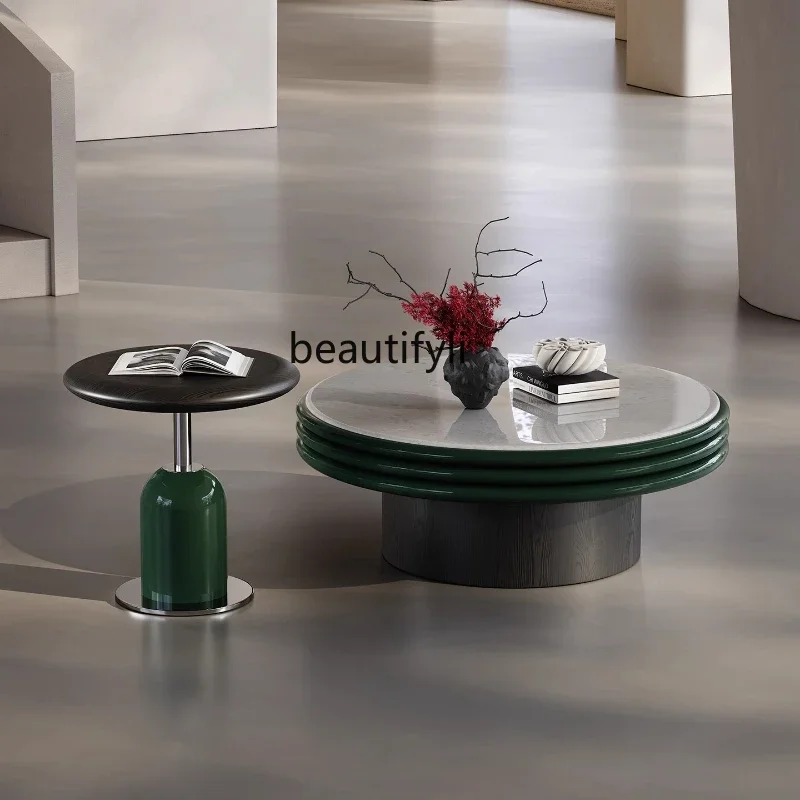 H  Italian Style Light Luxury Stone Round Coffee Table Modern Minimalist Lacquered Simple Living Room Round Coffee Table