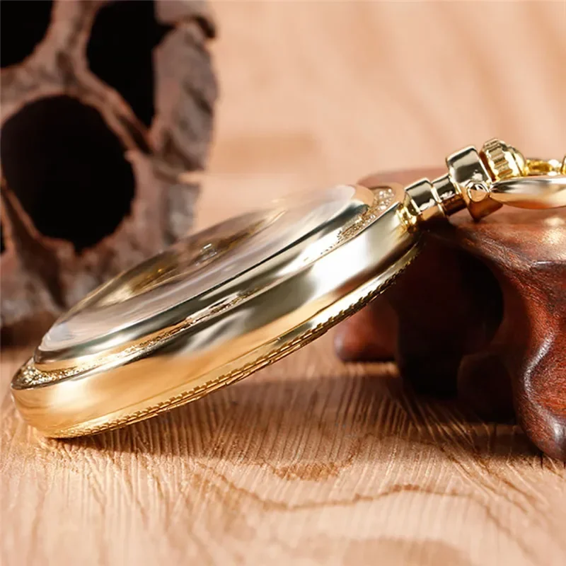 Yellow Gold Pocket Watch Unisex Handwind Mechanical Watches Skeleton Clock Open Face with Pendant Chain Relgio De Bolso