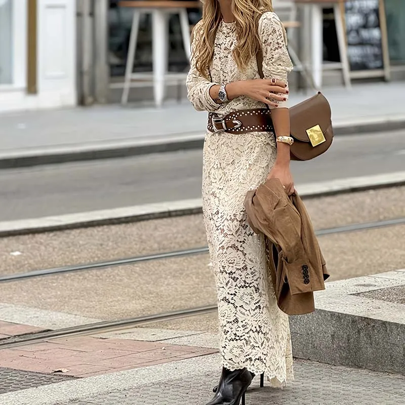 

Fashion O-neck Tops & Half Skirt Set Women Casual Long Sleeve Solid Party Outfits Elegant Lace Embroidery Slim Two Piece Suits