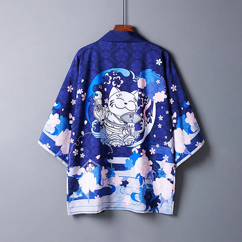 

Кимоно с милым мультяшным принтом Lucky Cat в японском стиле, кардиган хаори, летняя пляжная накидка, солнцезащитная одежда