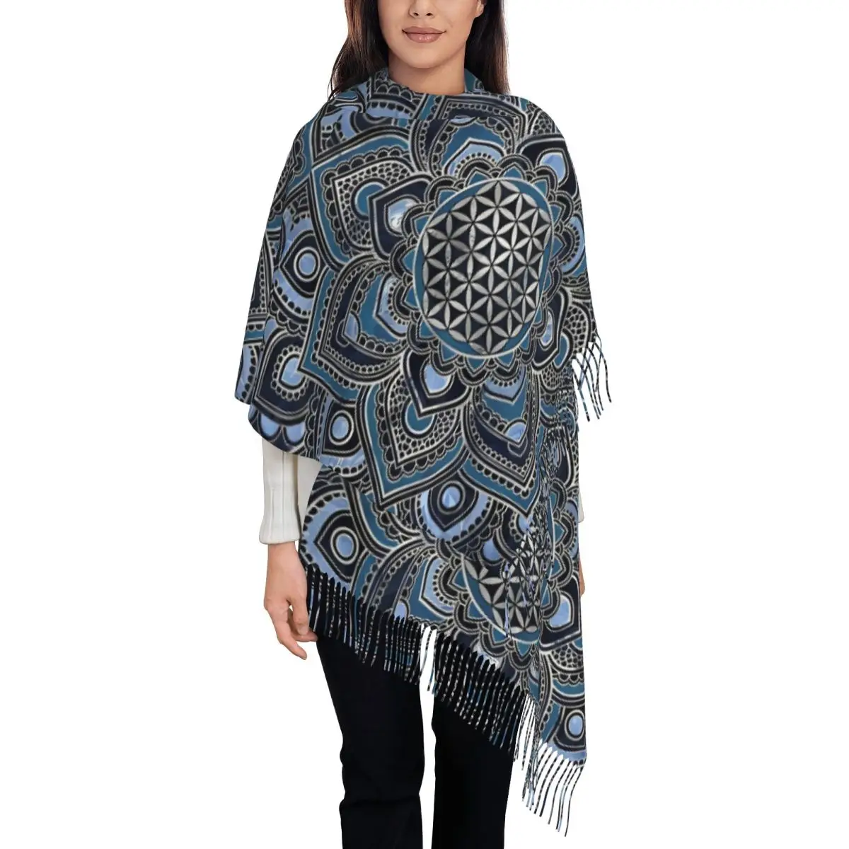 Flower Of Life In Lotus Mandala Blue Crystal And Silver Scarf for Womens Fall Winter Shawls and Wrap Large Shawl Scarf