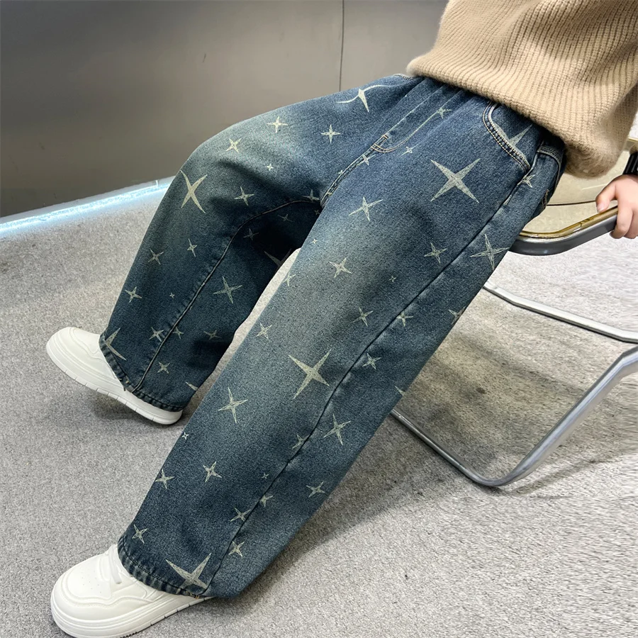 جديد أنيق الاطفال الصبي فضفاض مستقيم الجينز الحراري لفصل الشتاء الدافئة الدنيم السراويل مع نجوم الأطفال سميكة معزول الجينز السراويل