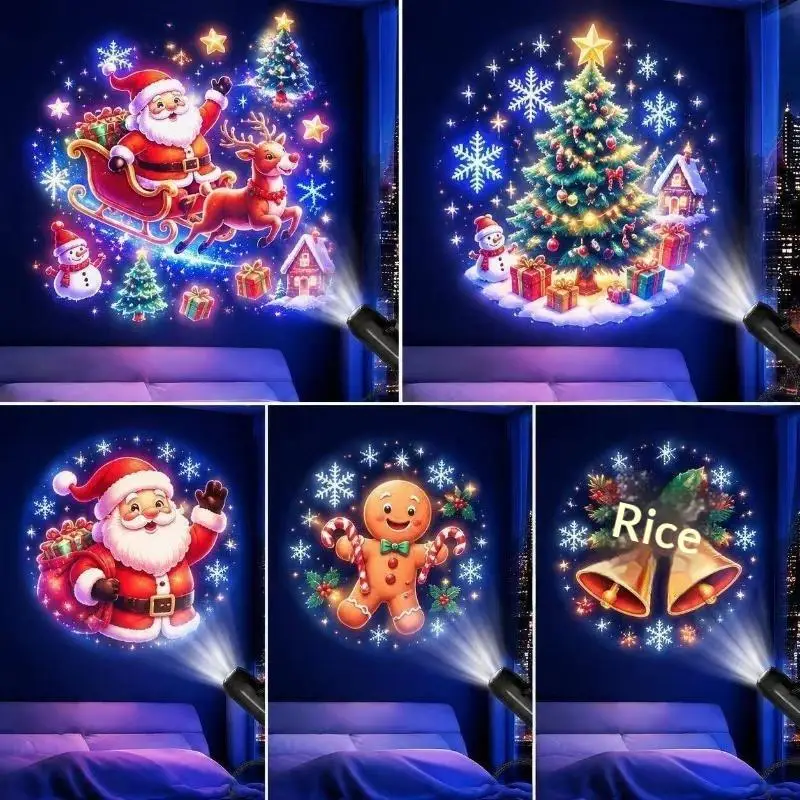 【BA】USB Christmas Projector Light 10pcs Patterns Adjustable Night Light Xmas Santa Snowman Church Nativity Projection Lamp Deco