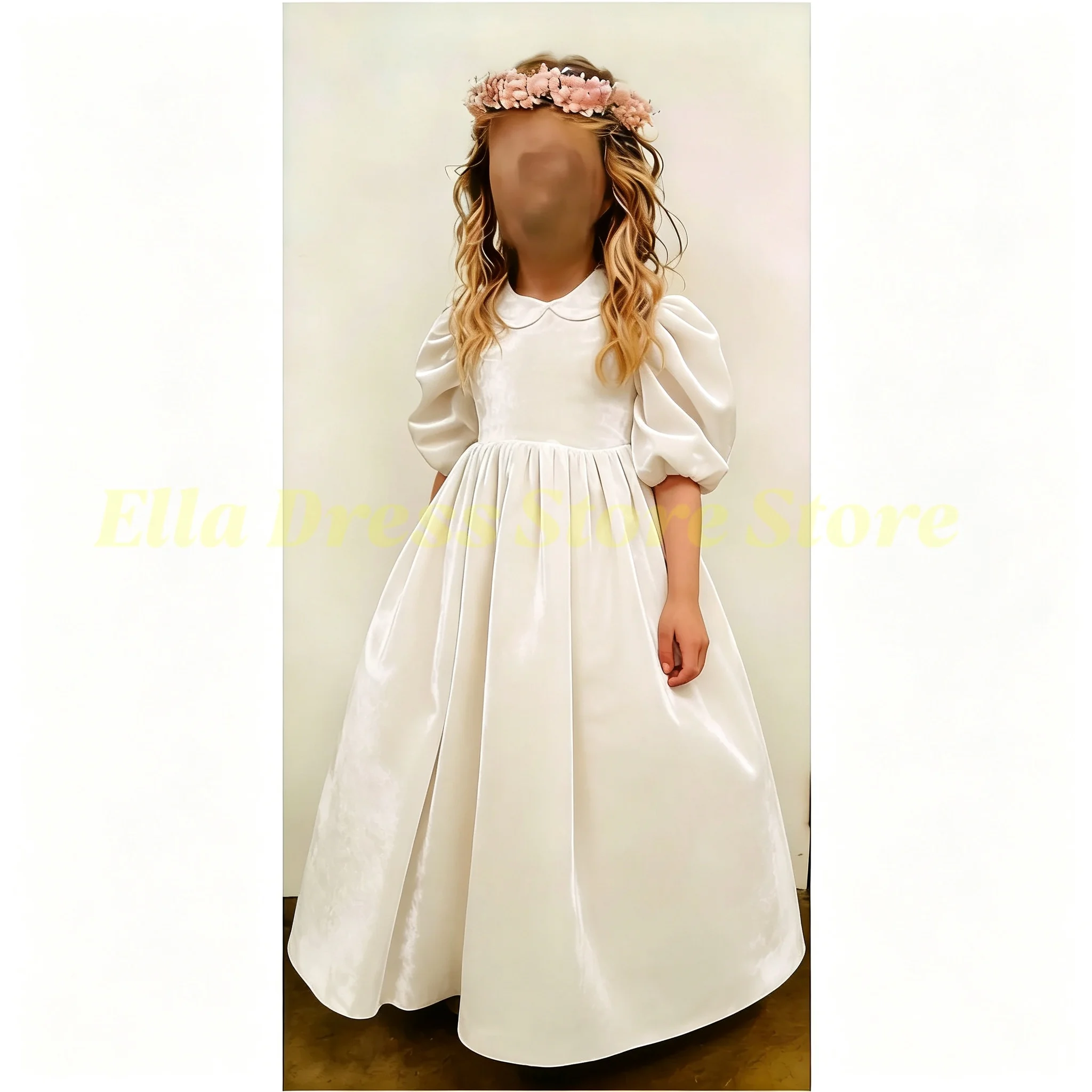 Großhandel Maßgeschneidertes Samt-Partykleid mit Stehkragen und Puffärmeln, Blumenmädchenkleid mit Schleife, Maßgefertigtes Kinder-Festkleid für die Kommunion – Detail 3