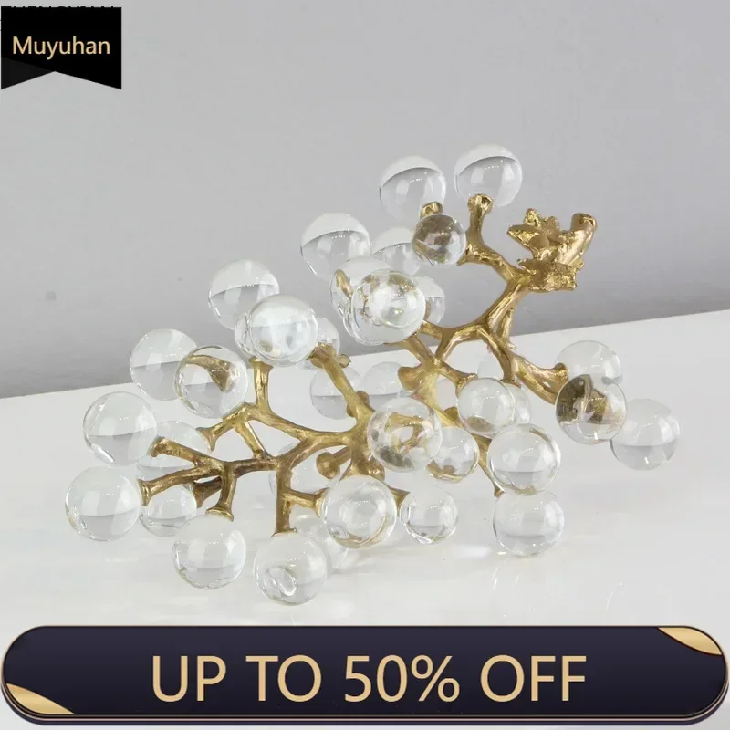 Creative Brass Crystal Grape Ornaments Desk Decoration Modern Crafts Golden Fruits Crystal Grape Sculpture Room Aesthetics Decor