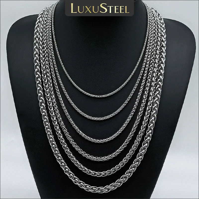 LUXUSTEEL Braided Wheat Link Chain Necklace For Women Men Silver Color Stainless Steel Choker Hip Hop Male Jewelry 2.5/3/4/5mm