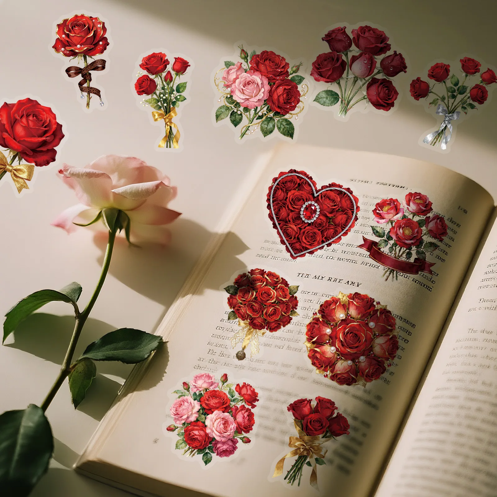56PCS Retro Red Rose Transparent Graffiti Stickers Beautiful Flowers Cartoon Decal DIY Luggage  Phone Guitar Classic Kid Toys