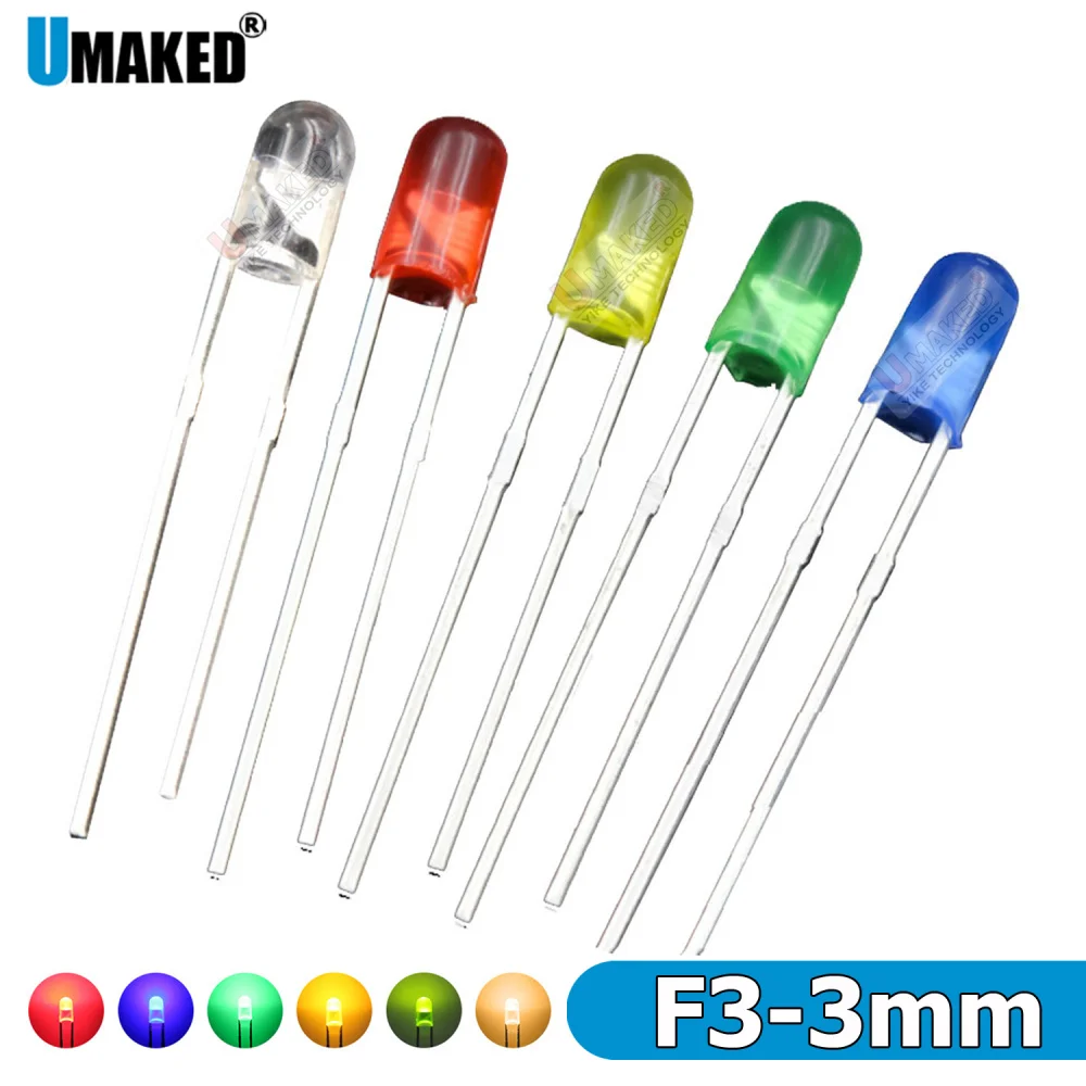 1000PCS F3 3mm Clear LED round lamps diodes chip 3.2-3.4v 20mA light beads F3 led Emitting diodes WW/W/R/G/B/Y Lighting DIY lamp
