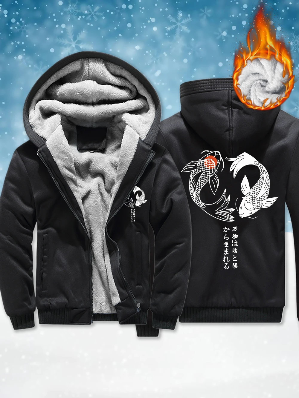 

Japanese Koi Harajuku Prints Mens Thicken Jackets Winter Windproof Zipper Outerwear Thermal Fleece Warm Coats Casual Male Tops