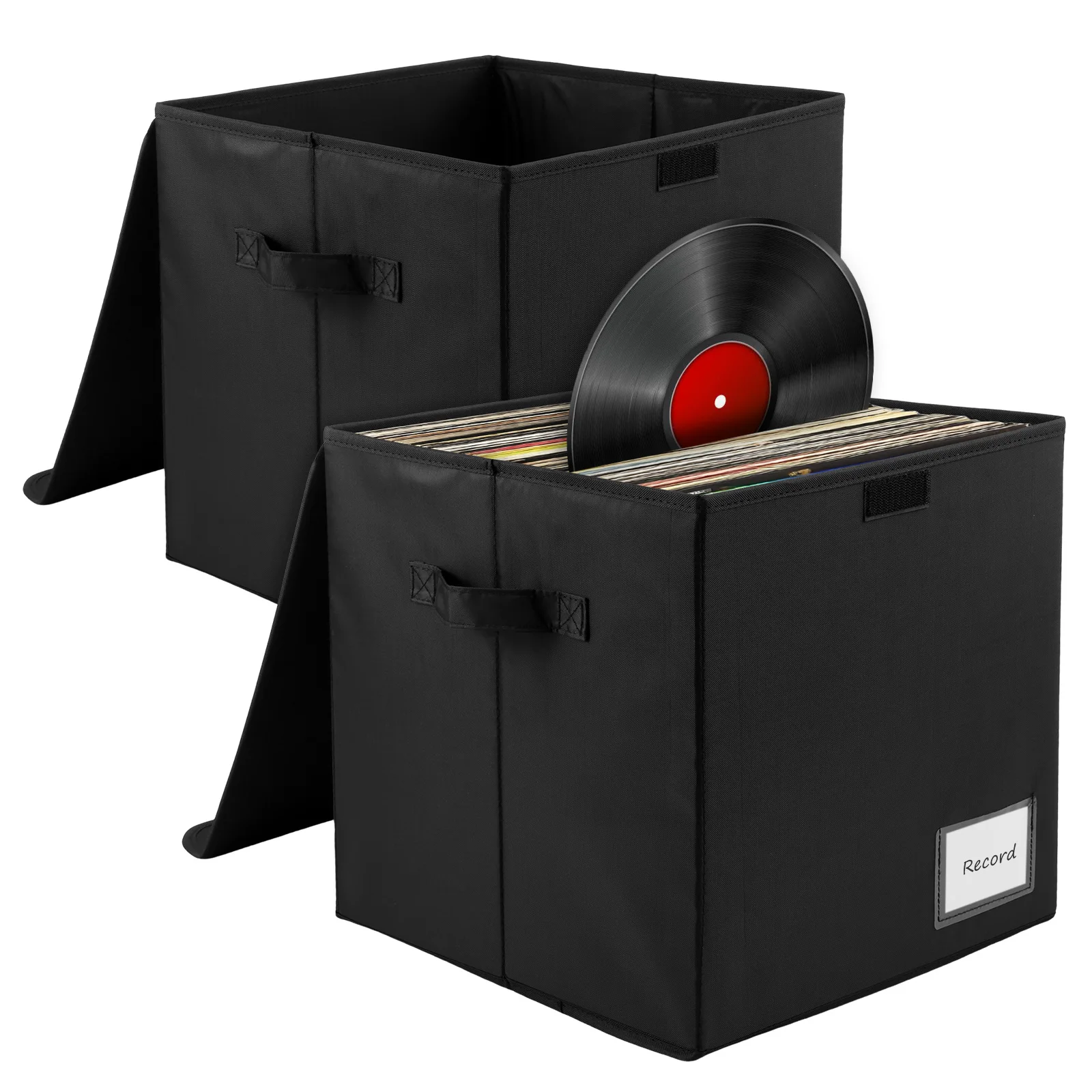 Vinyl Record Storage Box Foldable Waterproof LP Organizer Bin with Handle and Label Slot Closet Clothes Toy Storage Bin