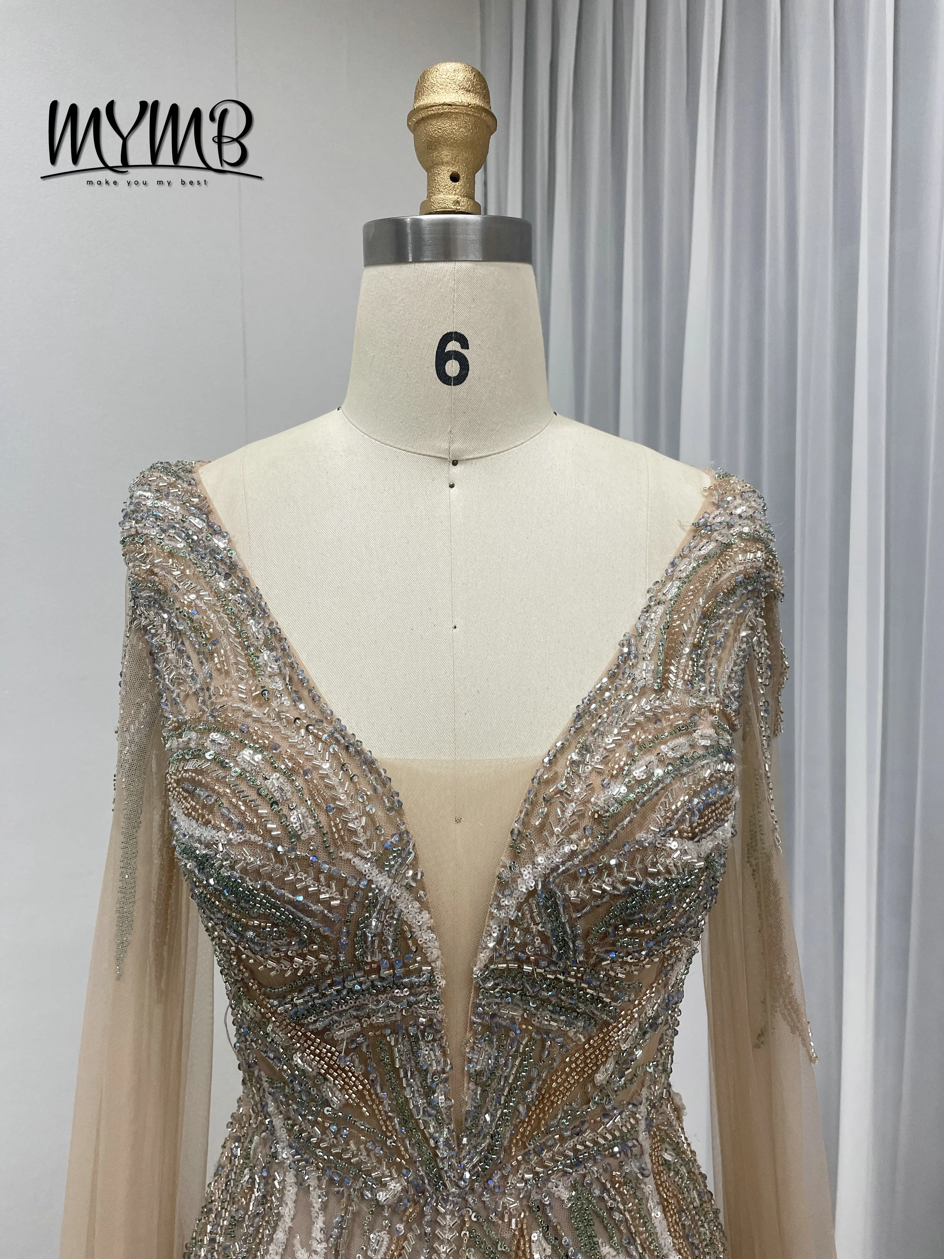 MYMB Hot Selling Champagne Elegant Luxury V Neck Exquisite Beaded Embroidery Long Sleeves Vintage Mermaid Evening Dress MB40321