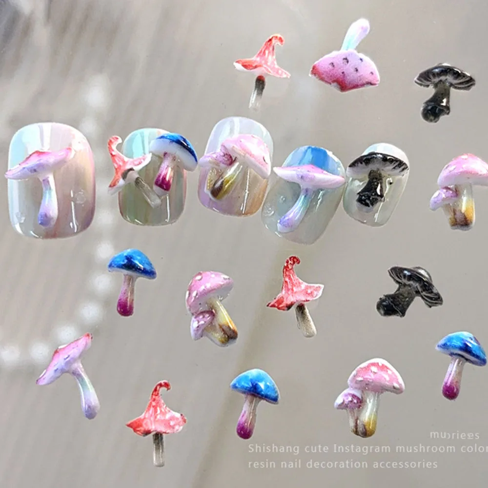 50 Uds. De dijes de uñas de setas Kawaii, piezas de resina acrílica 3D para uñas, mezcla de colores, decoración de uñas para manicura, Mini accesorios de setas