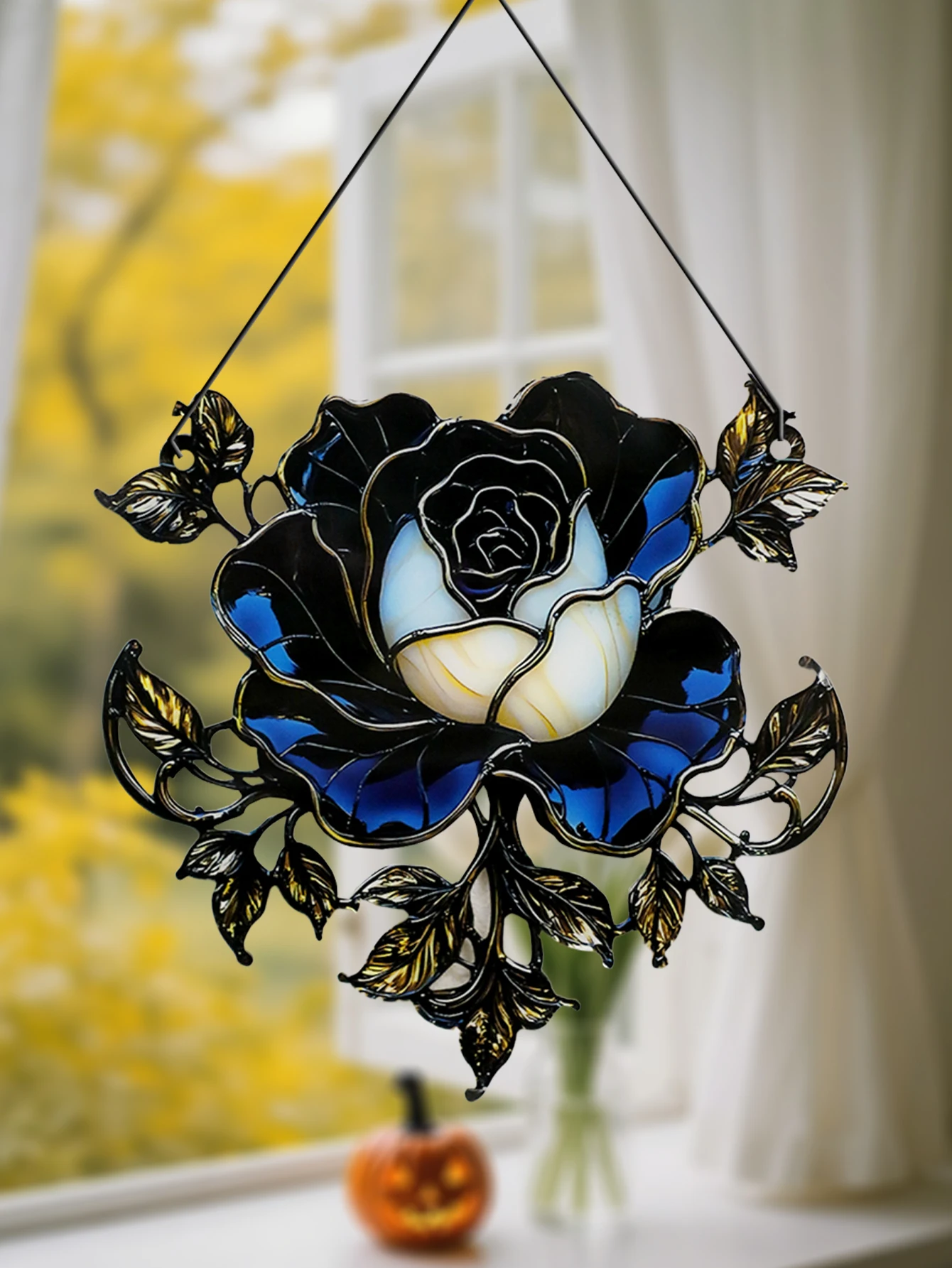 Acryl schwarze Rose hängende Dekoration Halloween Fenster Ornament Kunst Blume Schlafzimmer Wohnzimmer Wand & Fenster Anhänger für Zuhause & Party