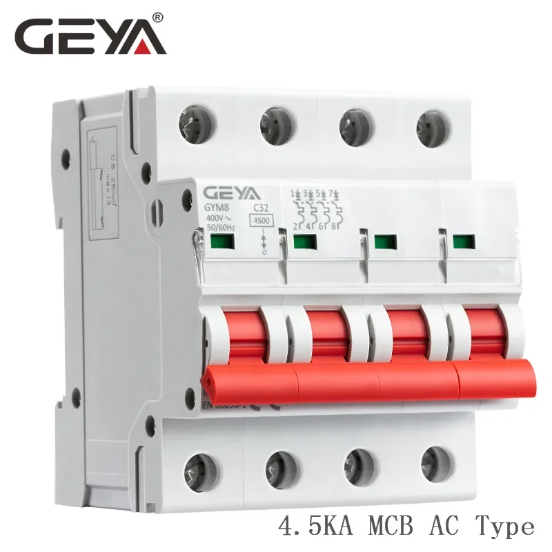 GEYA-interruptor de circuito de minatura GYM8, 4 polos, carril Din, 6A-63A, MCB, 400V, con Indiactor de encendido y apagado
