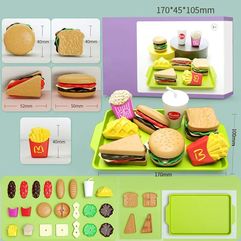9 pezzi staccabili in plastica per hamburger, giocattolo finto, set da gioco per fast food per bambini con hamburger, patatine fritte, coca cola, sandwich, popcorn e vassoio