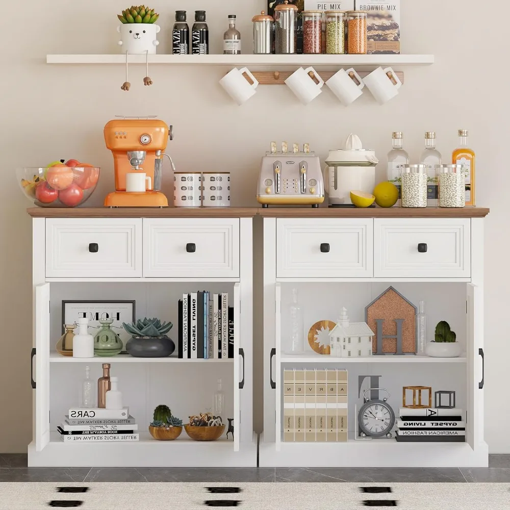 خزانة جانبية لبوفيه المزرعة مع أدراج، وخزانة مخزن خشبية مع مساحة تخزين، وخزانة تخزين ريفية مع رف قابل للتعديل