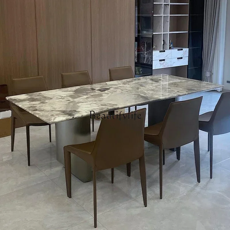 Gray natural marble dining table Italian light luxury high-end rectangular luxury stone dining table