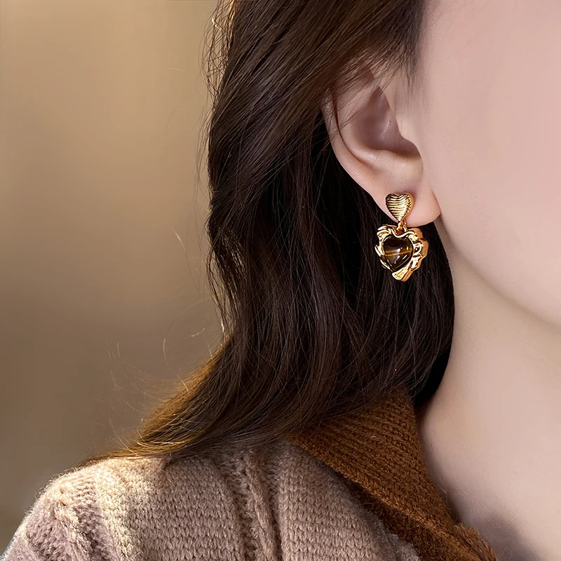 2025 New Mirad Heart Shaped Tiger Eye Stone Earrings for Women High level Exquisite and Light Luxury Jewelry Style Accessories