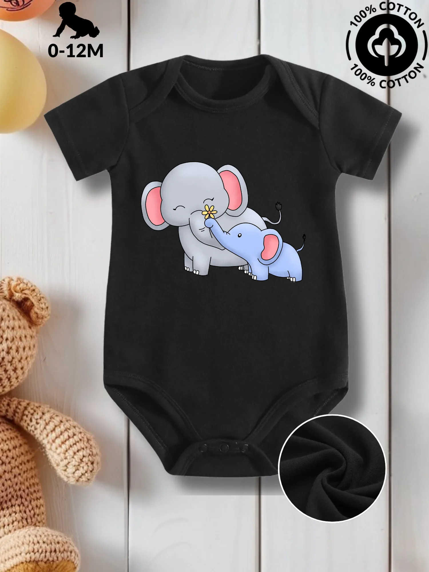 

Детский комбинезон-слип унисекс «Слонёнок» для ползания, из чистого хлопка, для ухода за кожей, всесезонный, чёрный, 190 г/м²