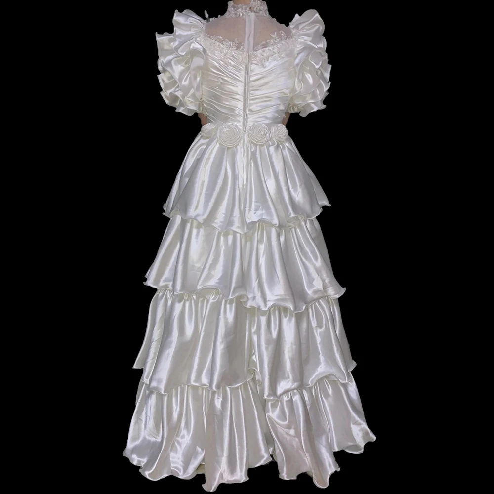 AnXin SH exquisite princess white satin lace ruffles puff sleeve beading pearls host zipper party customized wedding dress