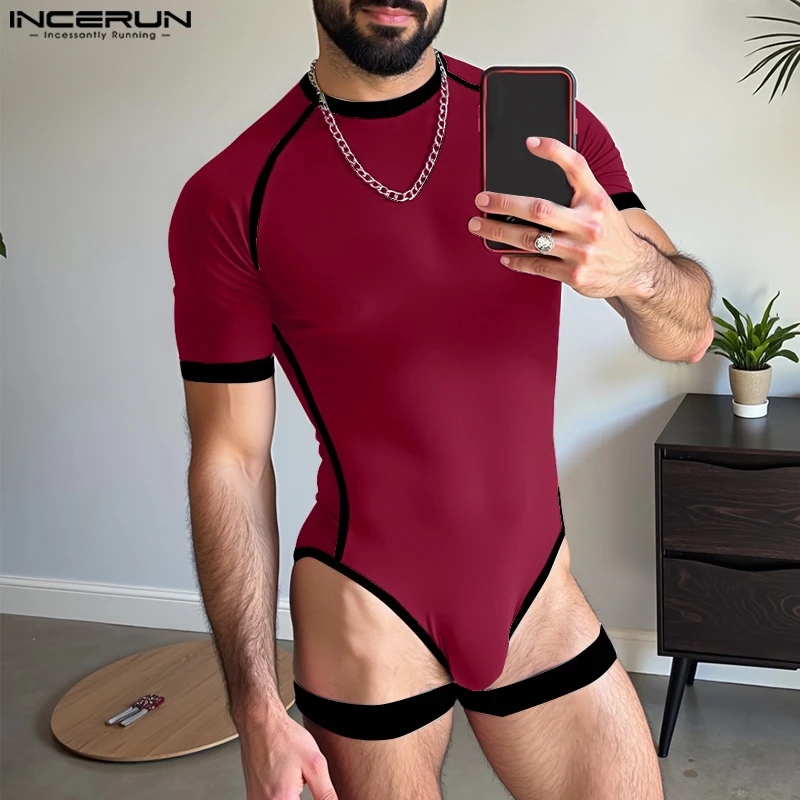 

INCERUN Men Bodysuits Patchwork O-neck Short Sleeve Summer Male Rompers Streetwear 2025 Sexy Fashion Playsuits Men Bodysuit 3XL