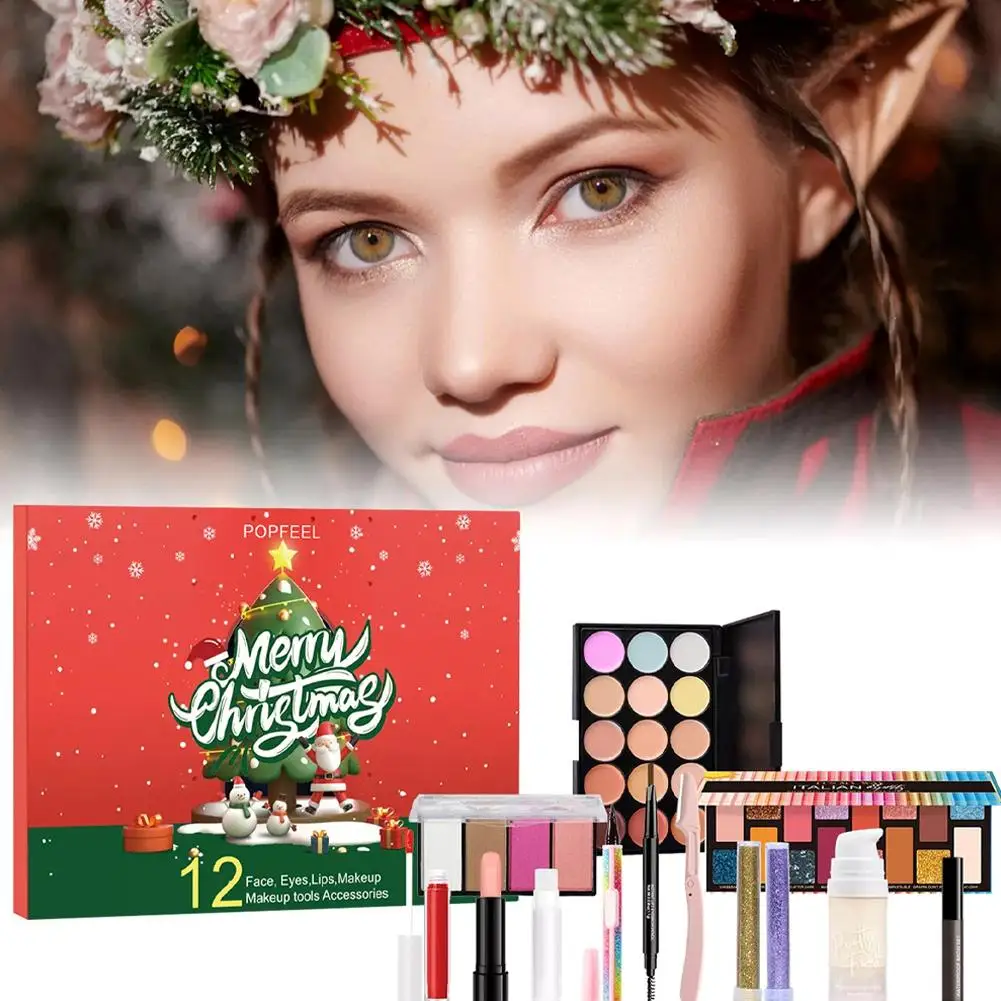 Kit de maquillage de calendrier de compte à rebours de Noël, correcteurs de visage, kit pour les yeux, cadeau de maquillage de Noël, rouge à lèvres, boîte à cosmétiques, ombre, T7E2, 12 pièces