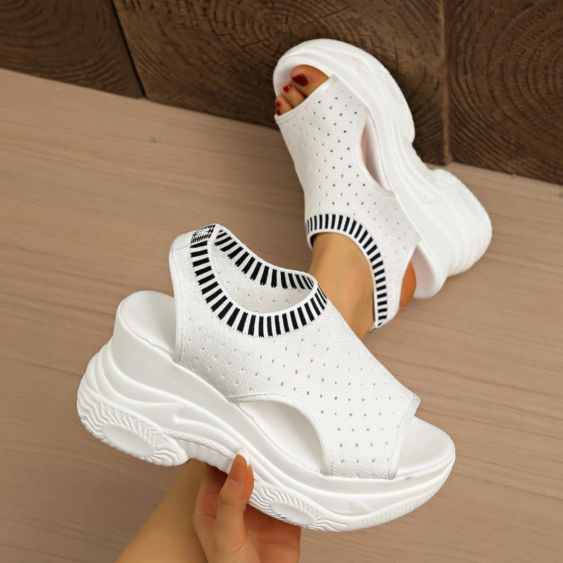 Women Sandal Summer Knitted Shoes Women Fish-mouth Wind Cake Sole High Heel Shoes Flying Slope Heel Thick Sole Sports Sandals