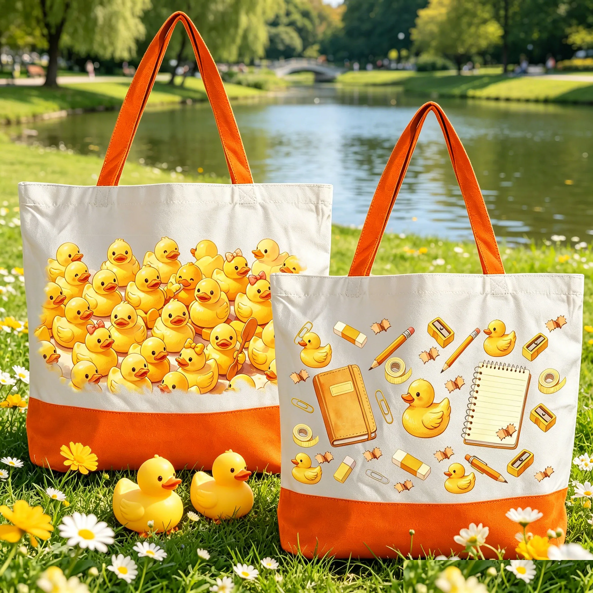 

2PC Yellow Duck Canvas Bag Large Capacity Shoulder Handbag 2D Flat Pattern Shopping Bag Trendy Pop Bag