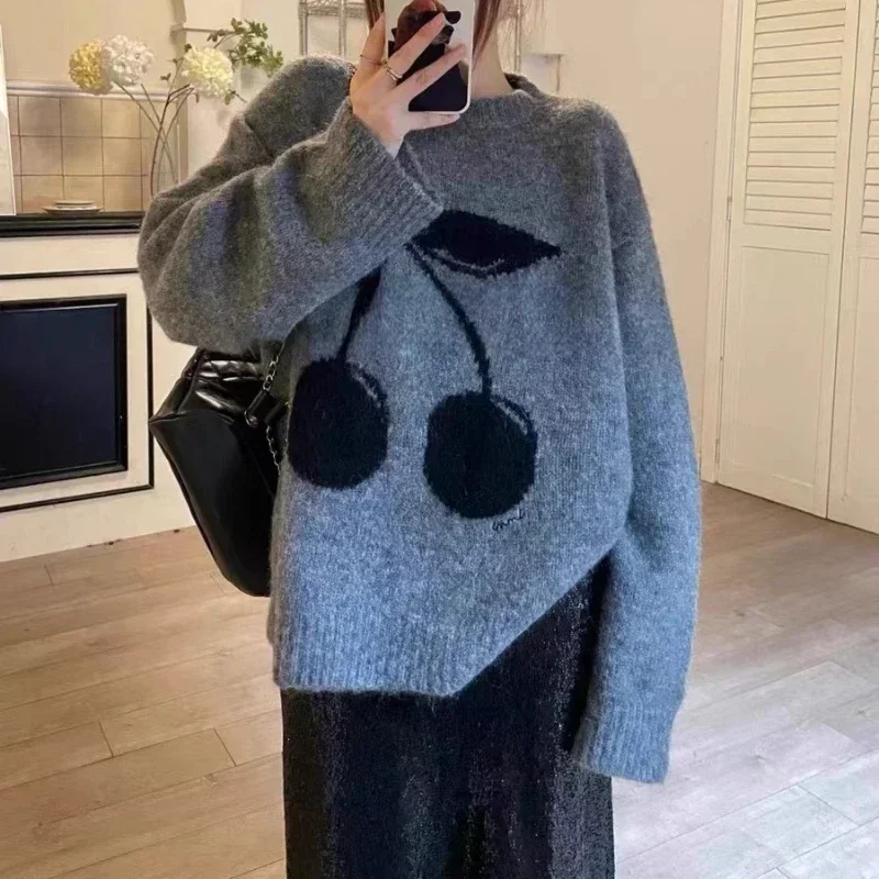 Fashion Top Winter Pullovers Grey Sweet Cherry Korea Knit Jumper Women Warm Sweater Women Loose Vintage Knit Autumn and Winter