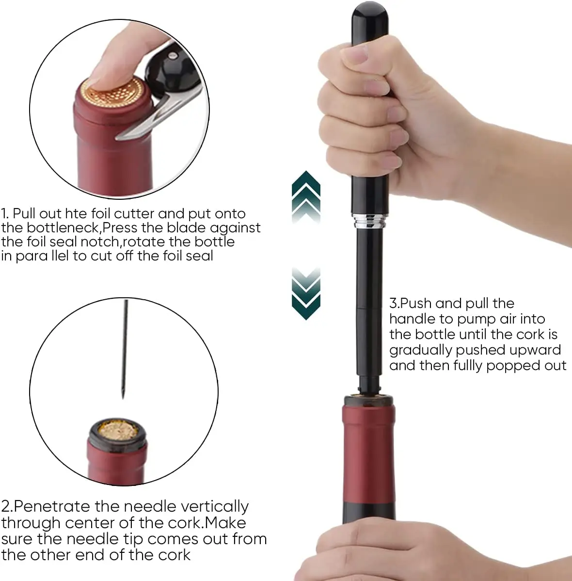 ワインボトルオープナー,2 in 1,エアポンプ,屋外用,ワイン用,ポータブル,旅行用,ワイン用