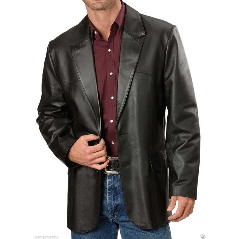 

Men's Genuine Soft Lambskin Leather Blazer Jacket Black Two Button Classic Coat