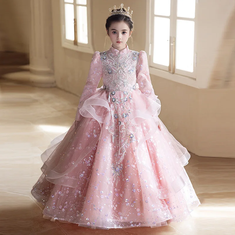Long Sleeve Cute Gown Princess Dress Flower Girl Girl Birthday Party Princess Gown Sweet Host Girls Formal Eid Kids Clothing