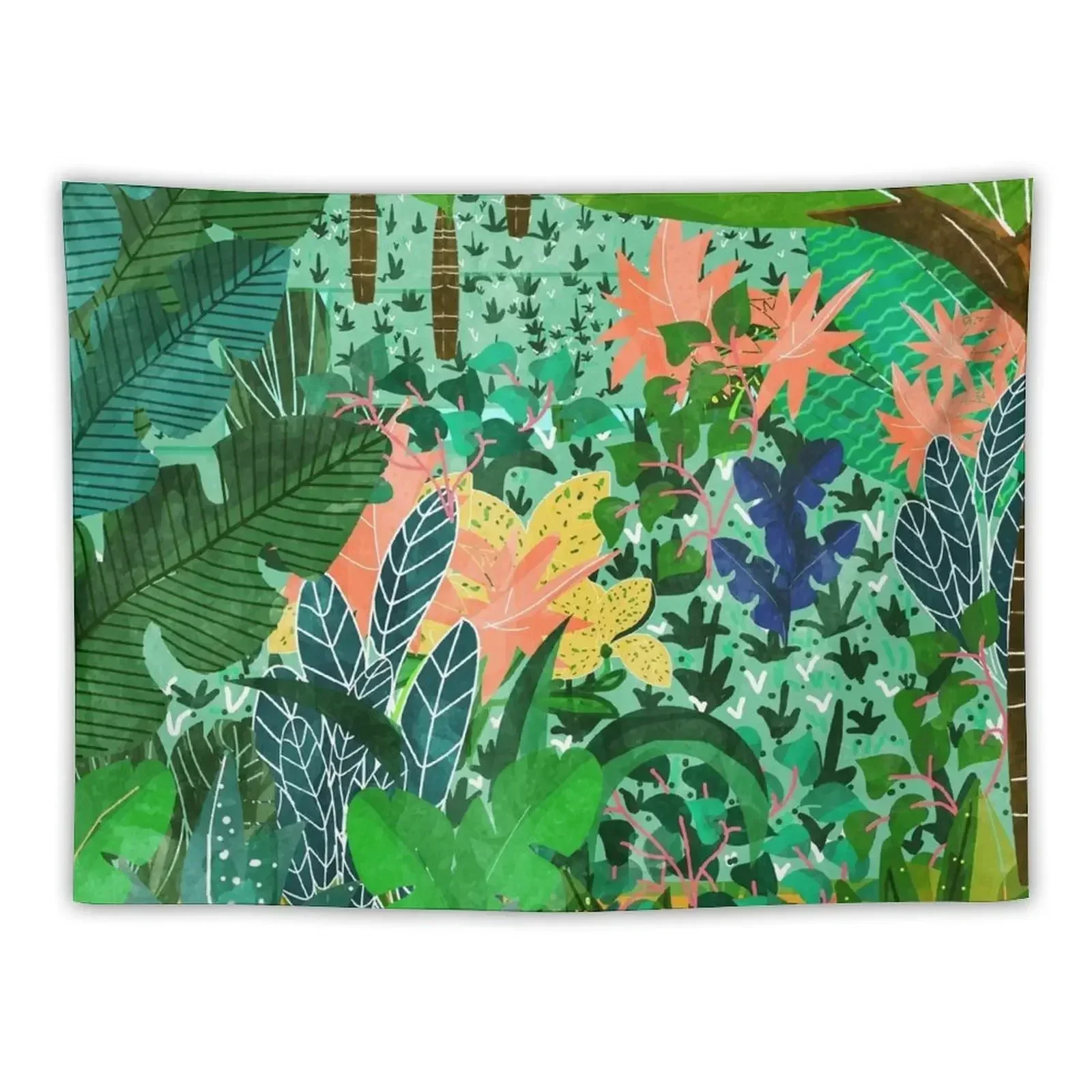 Dense Forest Colorful Jungle Botanical Nature Eclectic Bohemian Watercolor Maximalist Painting Tapestry Home Decoration Tapestry