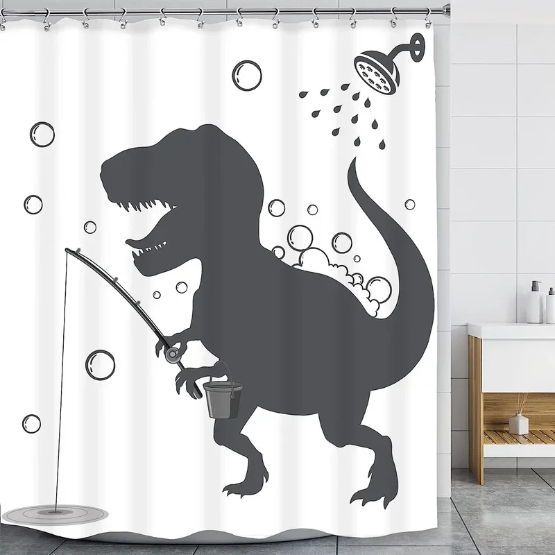 Dinosaur Funny Dino Kids Shower Curtains Bathroom Set Boys Animal Shadow Girls Cartoon Silhouette Black White Art Bathroom Decor