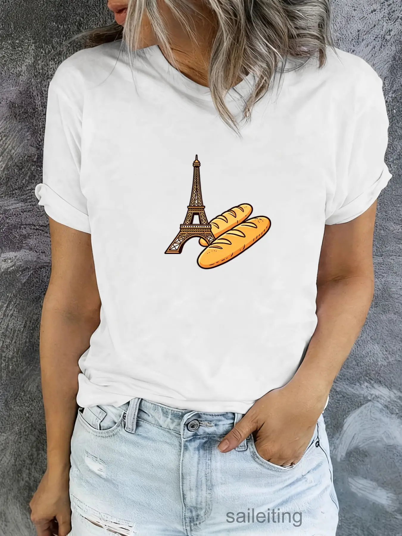 T-shirt unisexe à manches courtes avec motif Tour Eiffel, Baguette et Drapeau Français, décontracté, respirant, idéal pour l'été, cadeau de voyage Paris