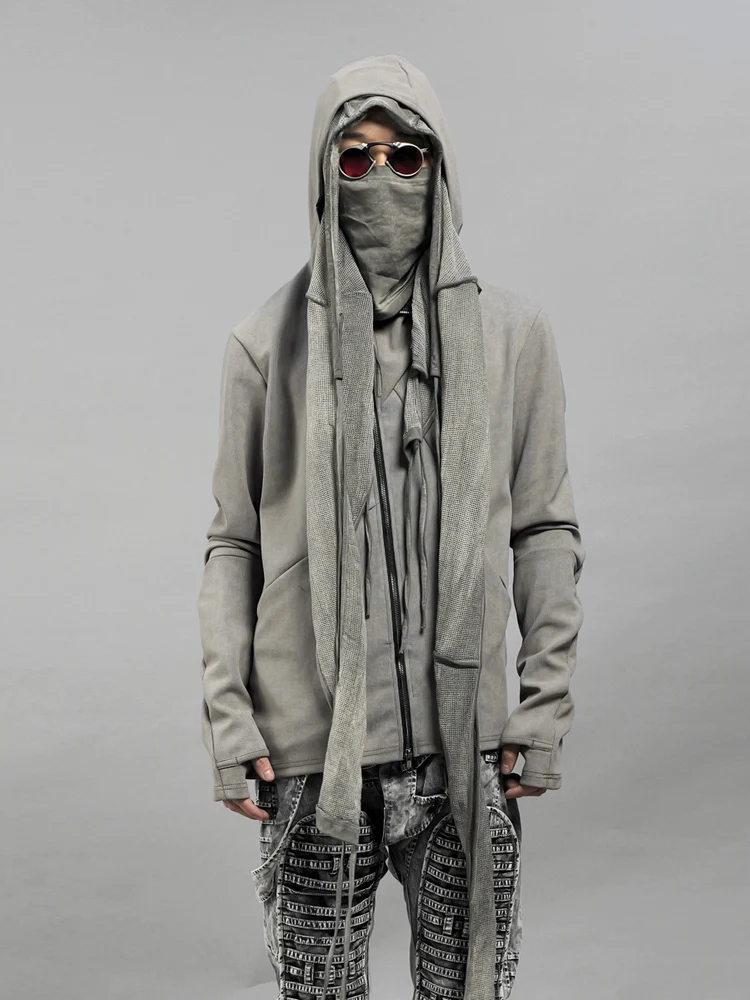 

Designer Men's Clothing WasteLand Wind Asymmetric 3D Cutting Hooded Distressed Oblique Zipper Slim-Fitting Sweater Trendy Coat