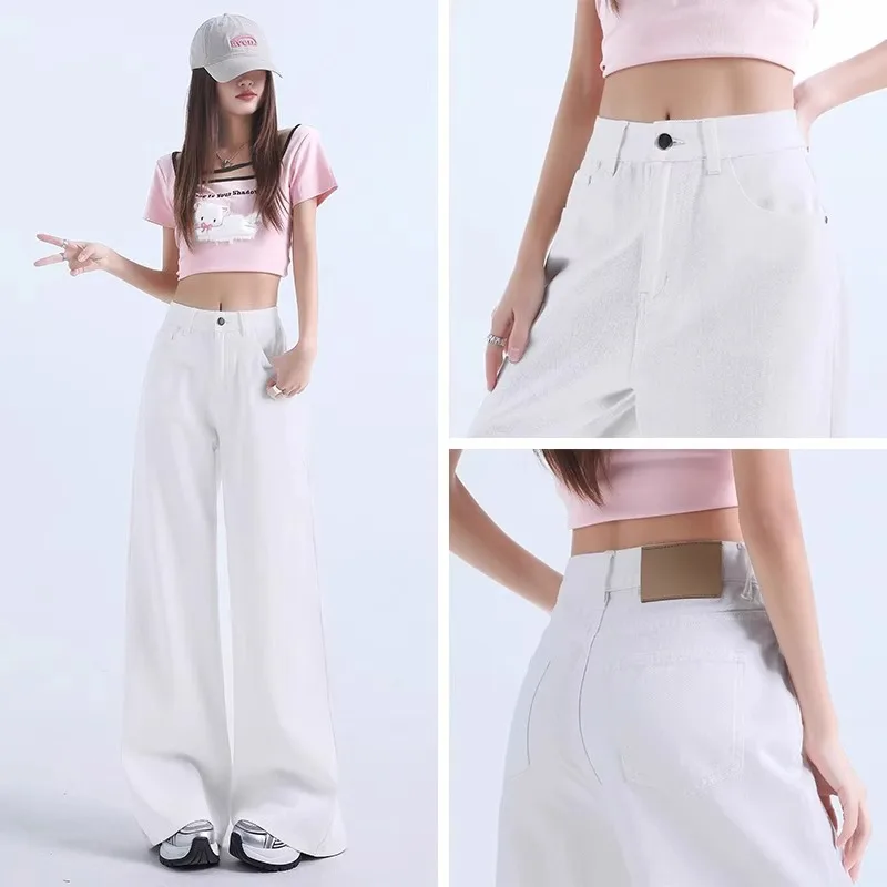 High Waist Wide Leg Jeans Women's Pear Shape Slimming High Waist Straight Cut Floor-Length Pants Spring Initial Cotton Stretc...