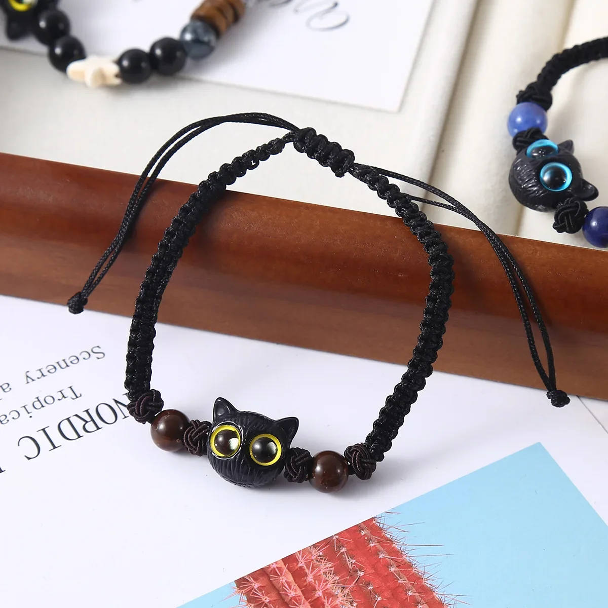 Cute Black Cat Blue Yellow Eyes Beaded Woven Bracelet for Men Women Kitten Bone Star Charm Bracelet DIY Trendy Accessories Gifts