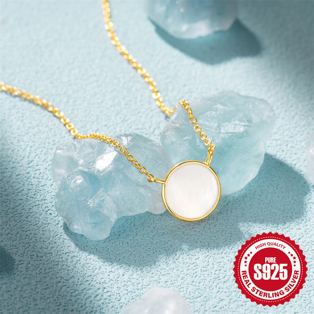 

Korean S925 Sterling Silver Collarbone Chain, Mother-of-Pearl Smooth Disc, Minimalist Luxury