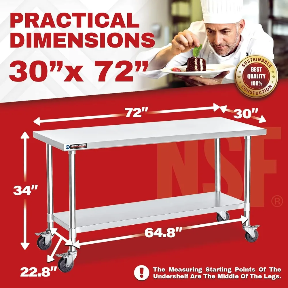 30x72 Stainless Steel Food Prep Table Cart with Undershelf Rolling Kitchen Island on Wheels