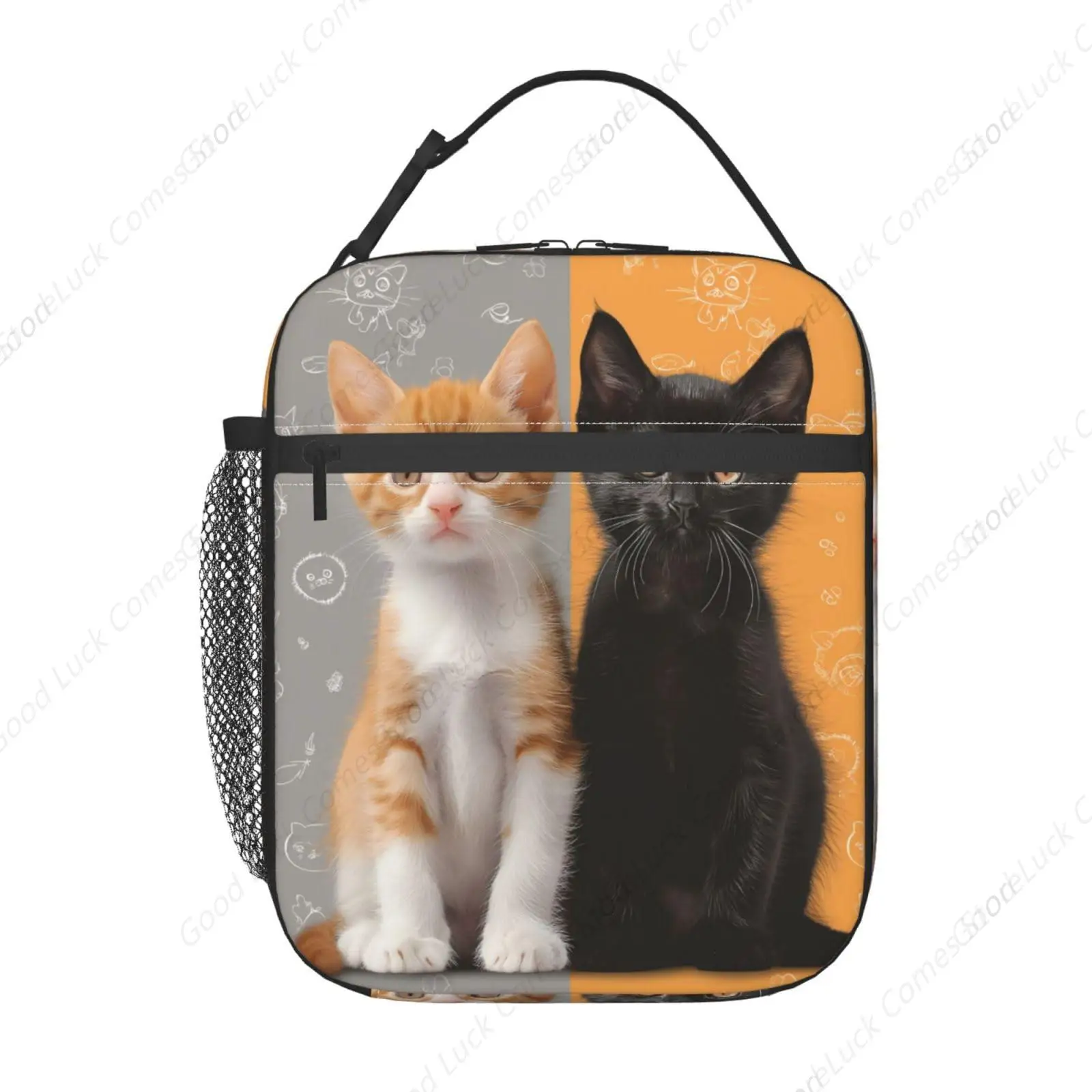 Insulated Lunch Box for Women Men, Yellow and Black Cat Lunch Box Reusable Portable Lunch Bag Cooler Tote Waterproof Lunch Bag