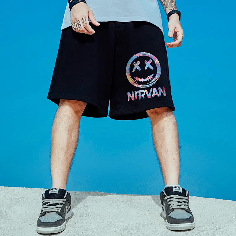 

Летние свободные повседневные мужские шорты со смайликом и принтом, модные брендовые брюки большого размера с пятью дюйма, баскетбольные спортивные быстросохнущие шорты