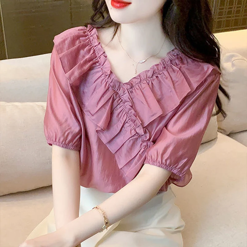 

2024 Summer New High End Sweet Women's Shirt Solid Color Slimming Covering Belly Short Sleeve Spliced Age Reducing Top for Women