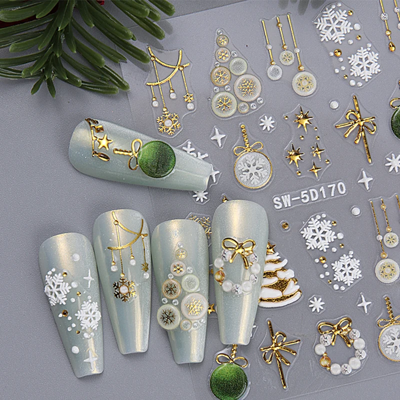 Adesivos de unhas de natal 5d alívio tridimensional inverno floco de neve ouro glitter luz bola veados adesivo de unhas série de natal