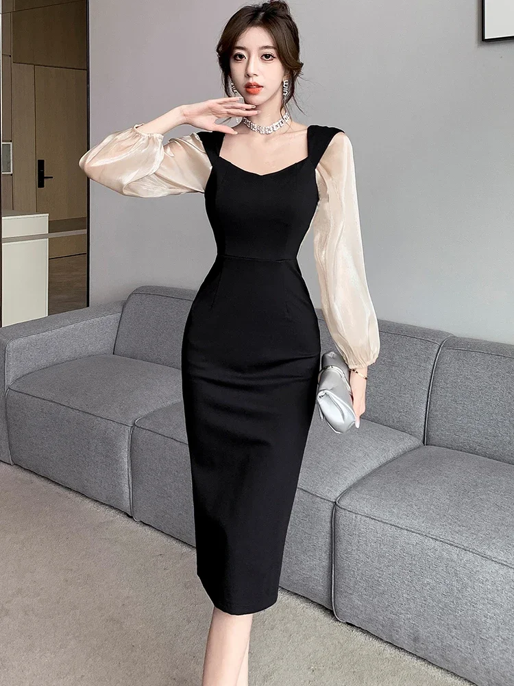 Autumn Winter Black Patchowrk White Long Sleeve Midi Dress Square Collar Casual Backless Dress 2024 Women Korean Elegant Dresses