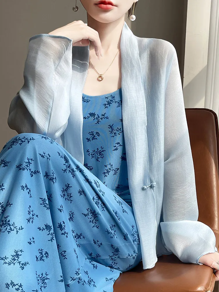 White Sun Protection Open Cardigan New Chinese Style Outerwear Summer Wear with Strap Vest Top Shoulder Shawl for Women